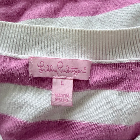 Lilly Pulitzer Top L | Pink White Stripe Long Sleeve Palm Tree Ribbed - Picture 3 of 5